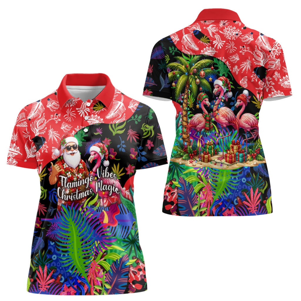 Christmas In July Flamingo Women Polo Shirt Magic Santa Claus Festive Tropical Hawaiian Beach Birds