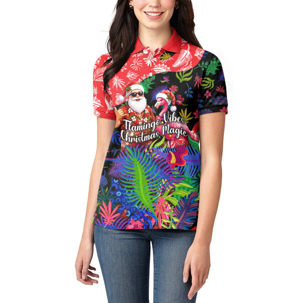 Christmas In July Flamingo Women Polo Shirt Magic Santa Claus Festive Tropical Hawaiian Beach Birds