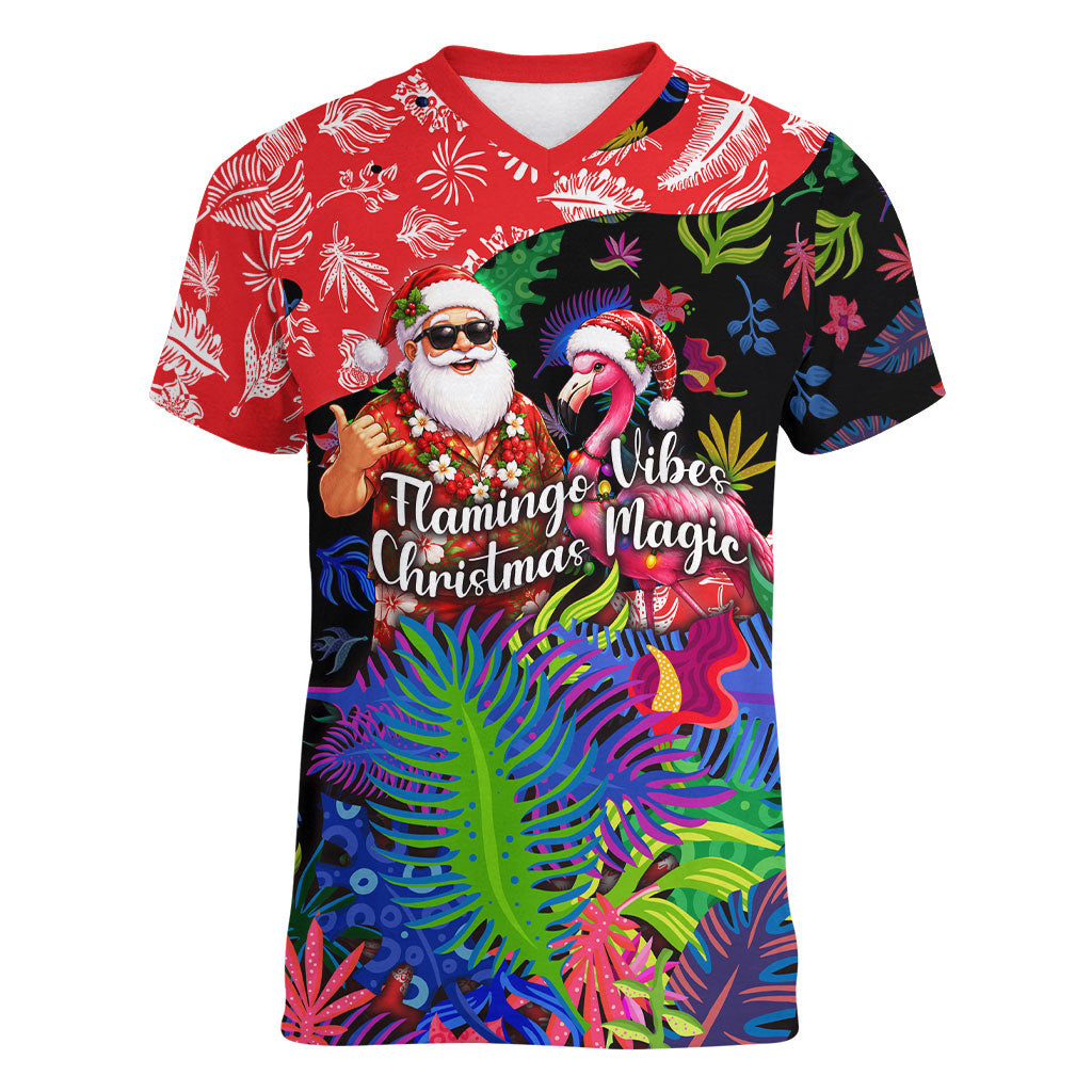 Christmas In July Flamingo Women V-Neck T-Shirt Magic Santa Claus Festive Tropical Hawaiian Beach Birds