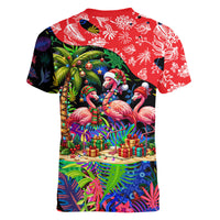 Christmas In July Flamingo Women V-Neck T-Shirt Magic Santa Claus Festive Tropical Hawaiian Beach Birds
