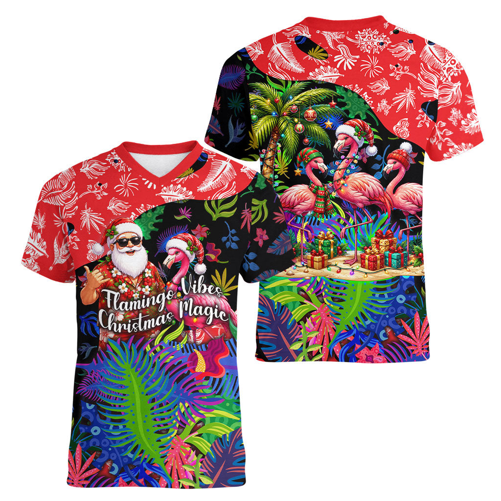 Christmas In July Flamingo Women V-Neck T-Shirt Magic Santa Claus Festive Tropical Hawaiian Beach Birds