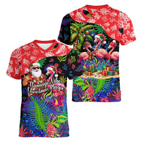 Christmas In July Flamingo Women V-Neck T-Shirt Magic Santa Claus Festive Tropical Hawaiian Beach Birds