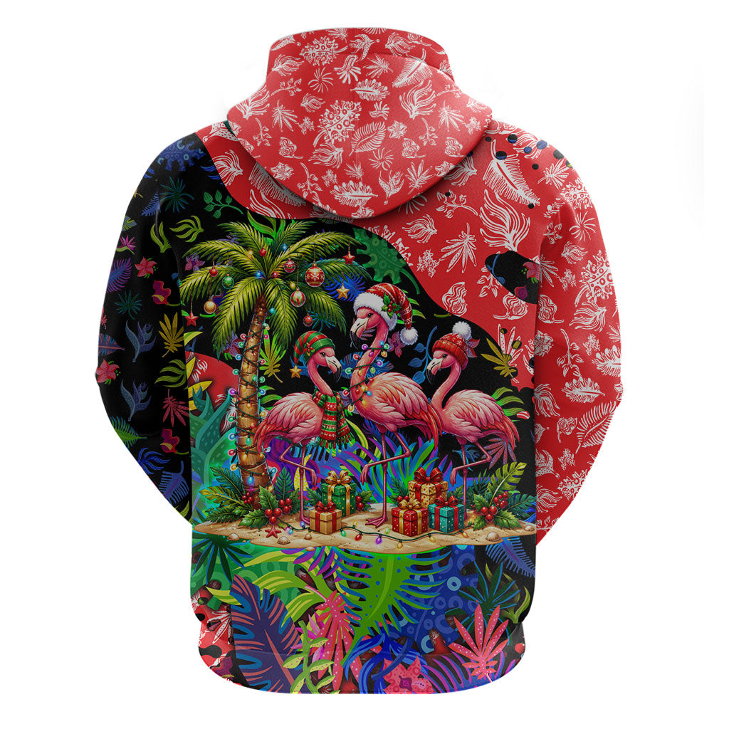 Christmas In July Flamingo Zip Hoodie Magic Santa Claus Festive Tropical Hawaiian Beach Birds
