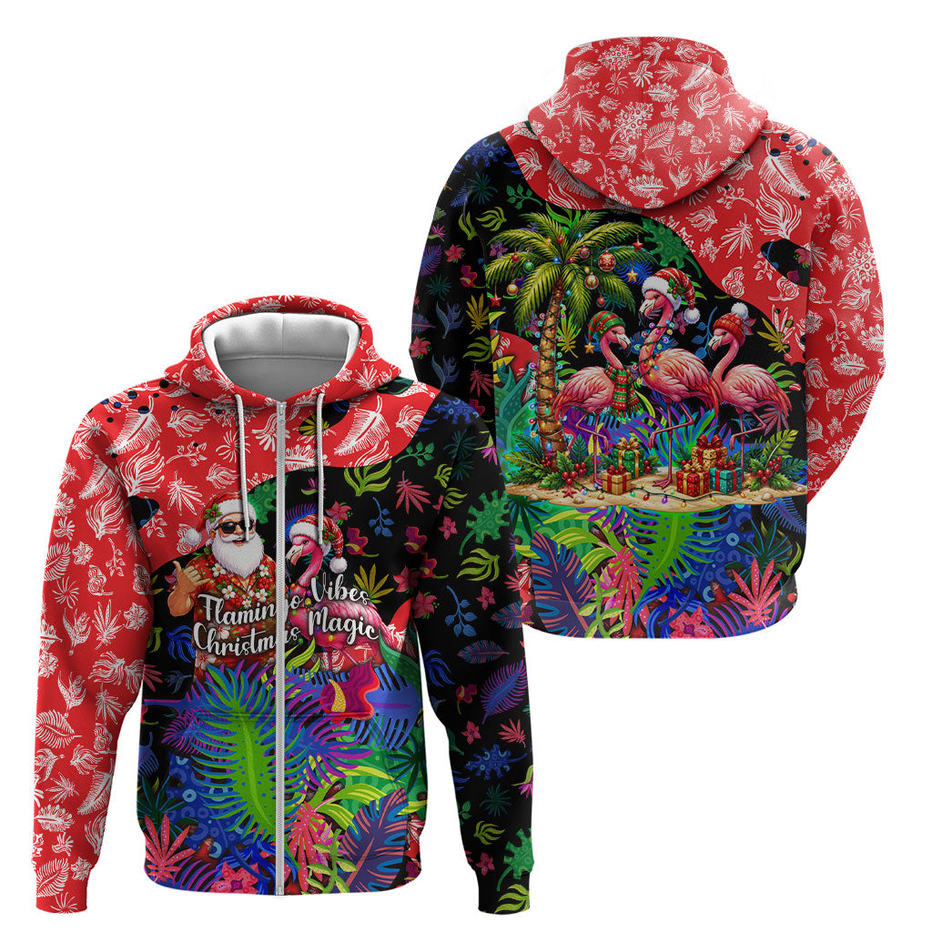 Christmas In July Flamingo Zip Hoodie Magic Santa Claus Festive Tropical Hawaiian Beach Birds