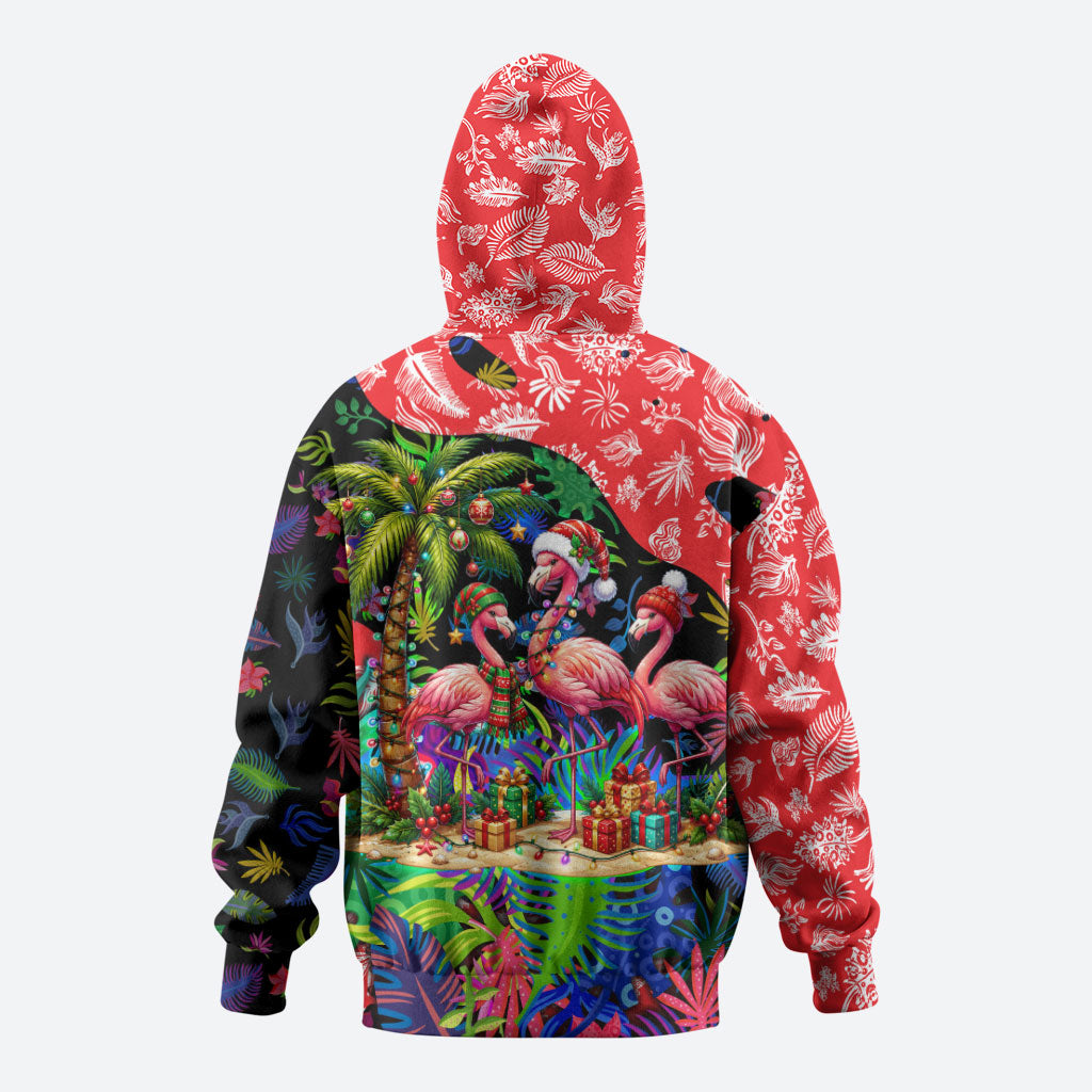 Christmas In July Flamingo Zip Hoodie Magic Santa Claus Festive Tropical Hawaiian Beach Birds