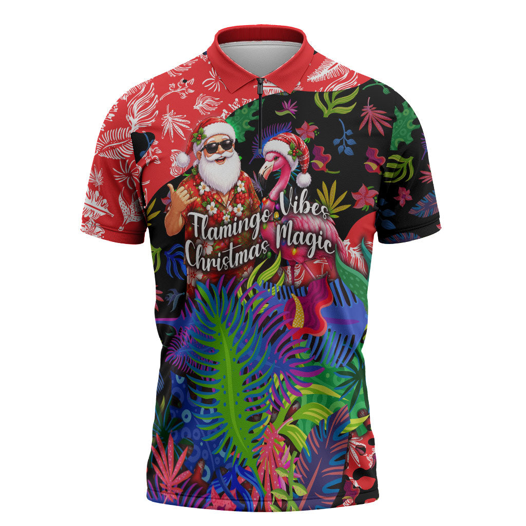 Christmas In July Flamingo Zipper Polo Shirt Magic Santa Claus Festive Tropical Hawaiian Beach Birds