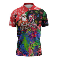 Christmas In July Flamingo Zipper Polo Shirt Magic Santa Claus Festive Tropical Hawaiian Beach Birds