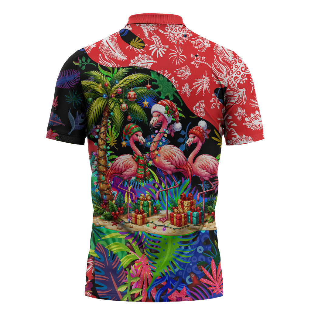 Christmas In July Flamingo Zipper Polo Shirt Magic Santa Claus Festive Tropical Hawaiian Beach Birds