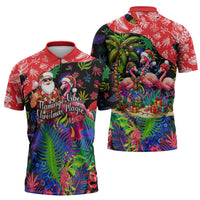 Christmas In July Flamingo Zipper Polo Shirt Magic Santa Claus Festive Tropical Hawaiian Beach Birds