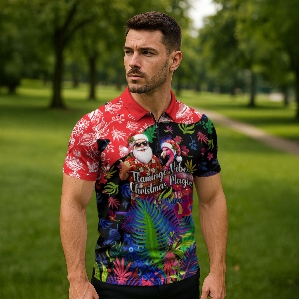 Christmas In July Flamingo Zipper Polo Shirt Magic Santa Claus Festive Tropical Hawaiian Beach Birds