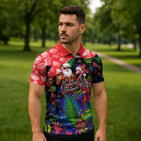 Christmas In July Flamingo Zipper Polo Shirt Magic Santa Claus Festive Tropical Hawaiian Beach Birds