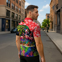 Christmas In July Flamingo Zipper Polo Shirt Magic Santa Claus Festive Tropical Hawaiian Beach Birds