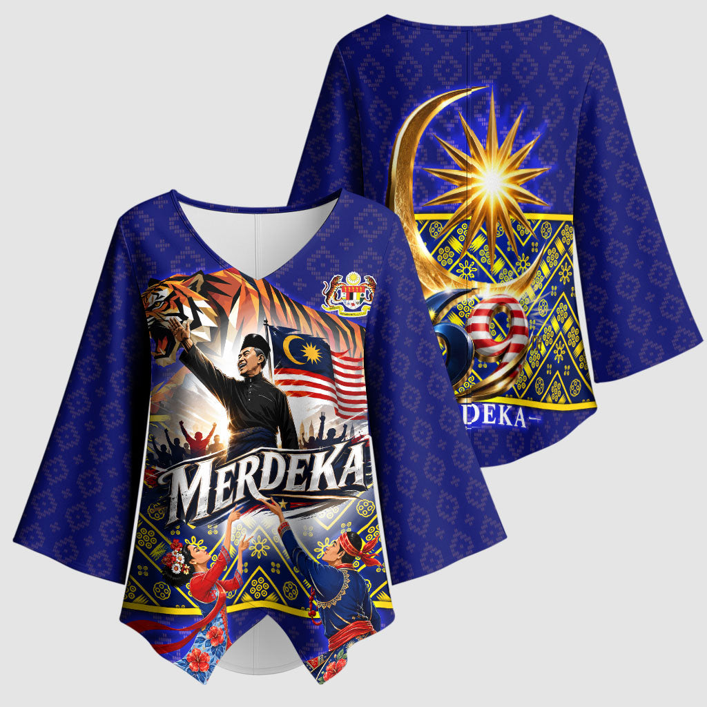 Malaysia Merdeka Independence Day Kimono Sleeve Blouse Patriotic Flag Crescent Moon Star Cultural