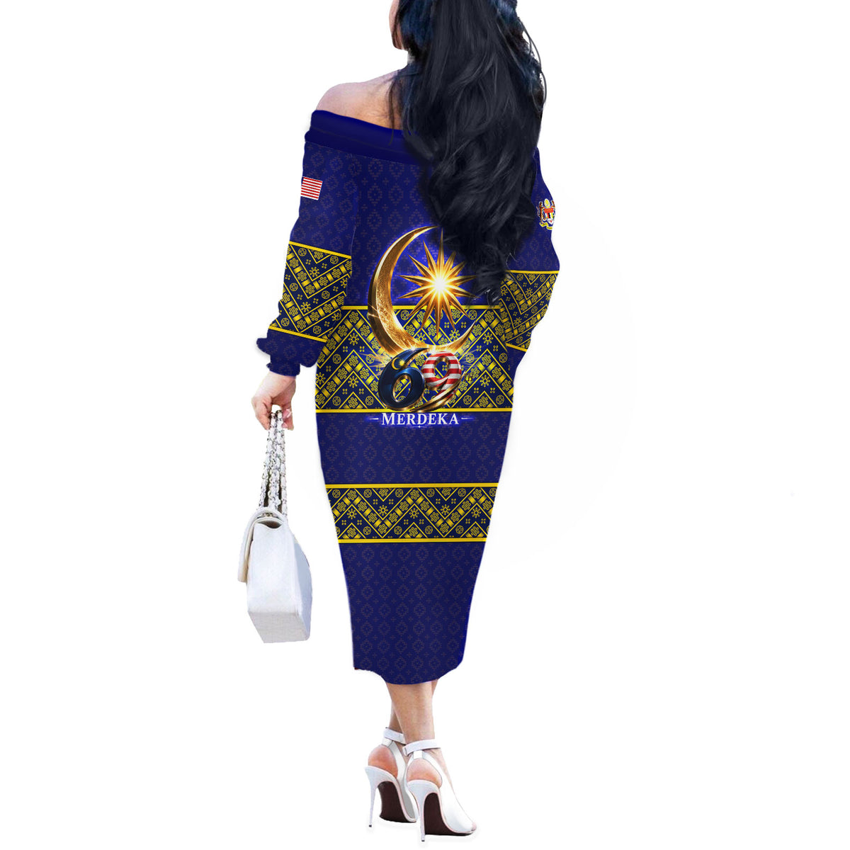 Malaysia Merdeka Independence Day Off The Shoulder Long Sleeve Dress Patriotic Flag Crescent Moon Star Cultural
