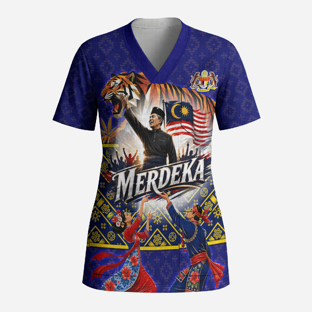 Malaysia Merdeka Independence Day Scrub Top Patriotic Flag Crescent Moon Star Cultural