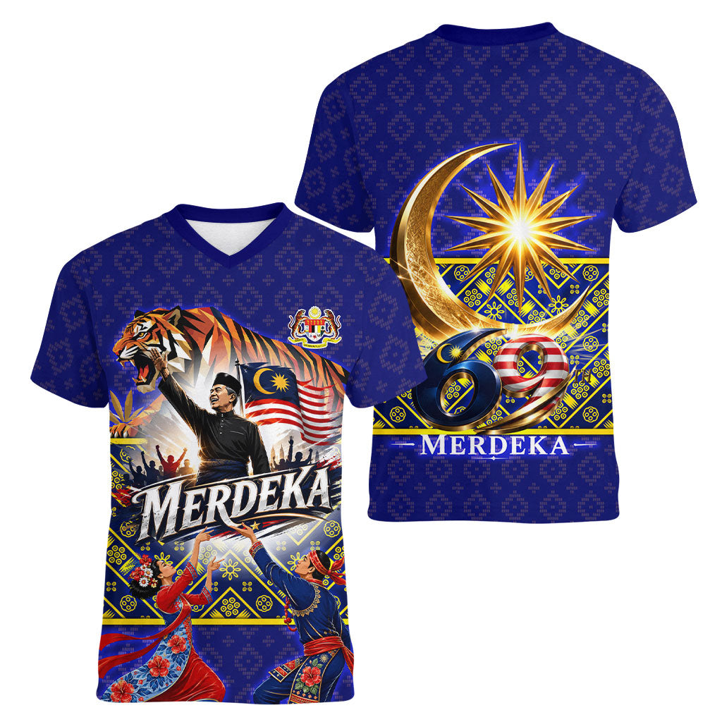 Malaysia Merdeka Independence Day Women V-Neck T-Shirt Patriotic Flag Crescent Moon Star Cultural