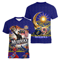 Malaysia Merdeka Independence Day Women V-Neck T-Shirt Patriotic Flag Crescent Moon Star Cultural