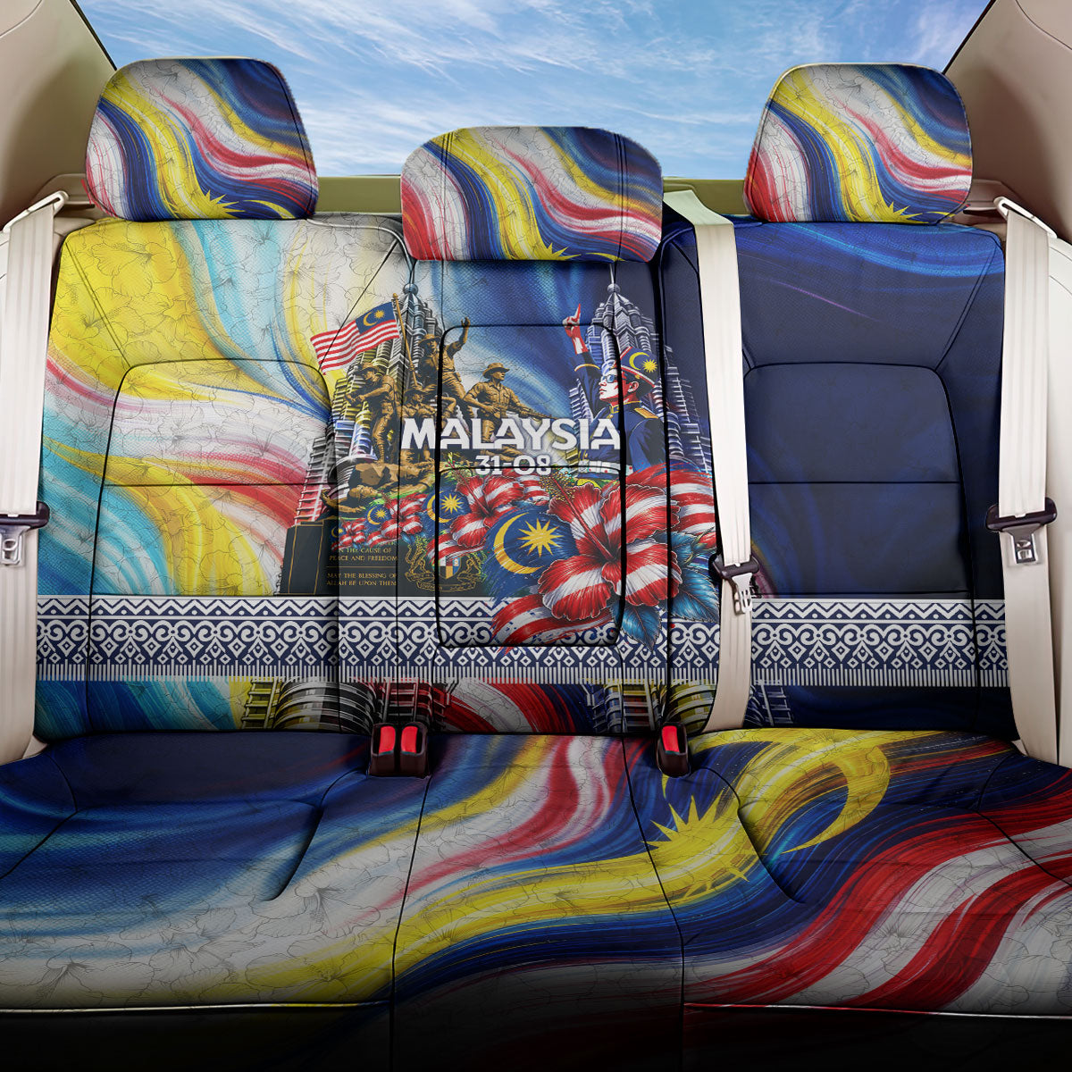 Malaysia Merdeka Independence Day Back Car Seat Cover Patriotic Twin Towers Soldier National Flower Graphic