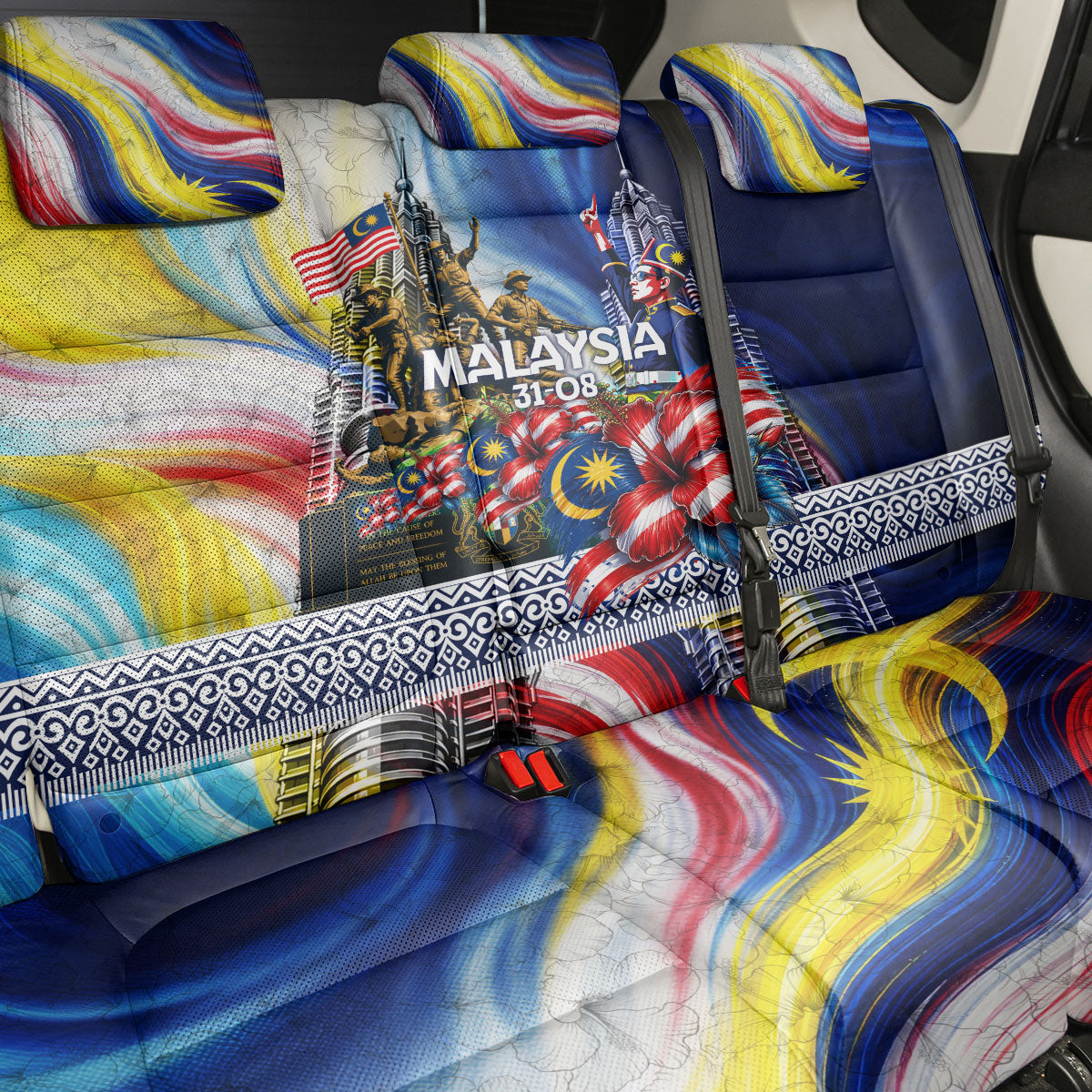 Malaysia Merdeka Independence Day Back Car Seat Cover Patriotic Twin Towers Soldier National Flower Graphic