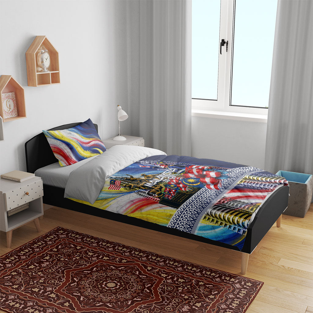 Malaysia Merdeka Independence Day Bedding Set Patriotic Twin Towers Soldier National Flower Graphic
