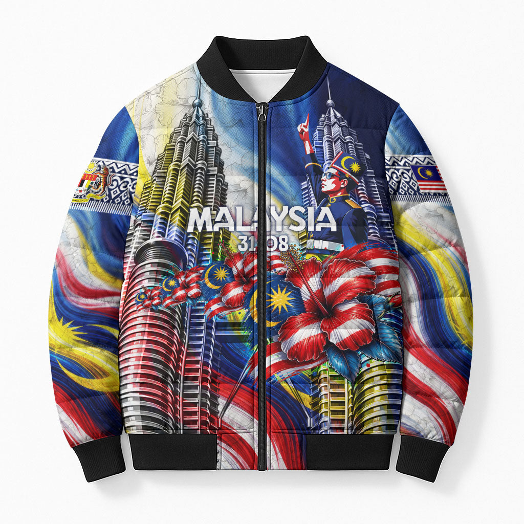 Malaysia Merdeka Independence Day Bomber Puffer Jacket Patriotic Twin Towers Soldier National Flower Graphic