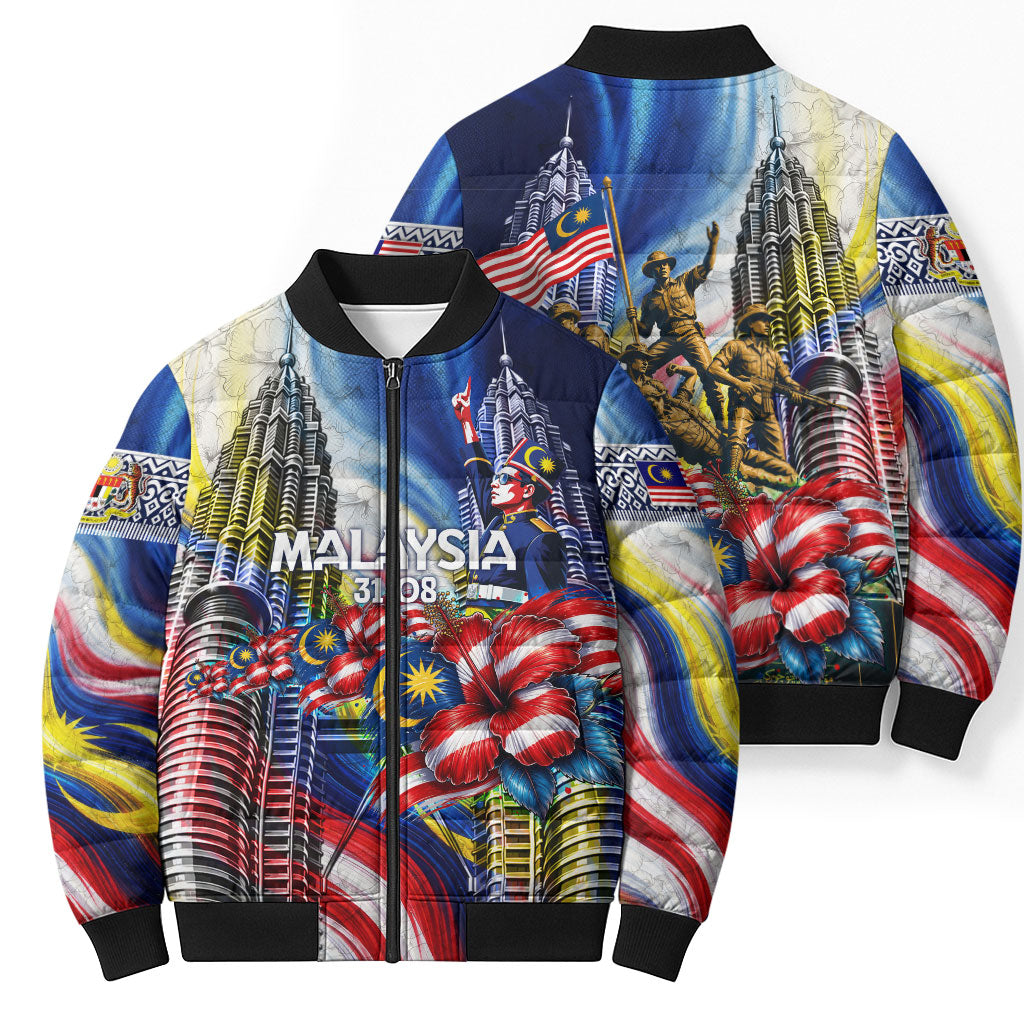 Malaysia Merdeka Independence Day Bomber Puffer Jacket Patriotic Twin Towers Soldier National Flower Graphic