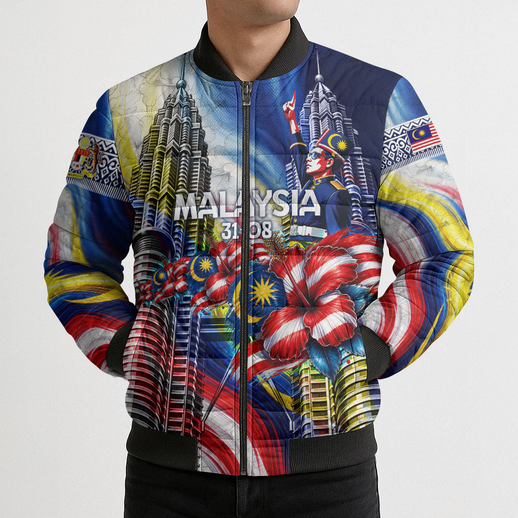 Malaysia Merdeka Independence Day Bomber Puffer Jacket Patriotic Twin Towers Soldier National Flower Graphic