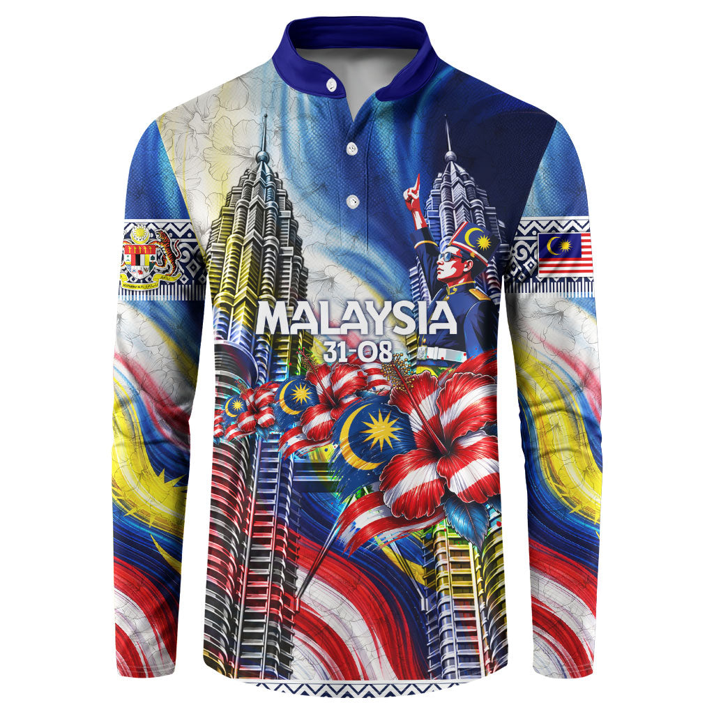 Malaysia Merdeka Independence Day Button Sweatshirt Patriotic Twin Towers Soldier National Flower Graphic