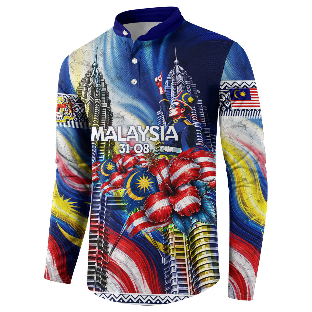 Malaysia Merdeka Independence Day Button Sweatshirt Patriotic Twin Towers Soldier National Flower Graphic