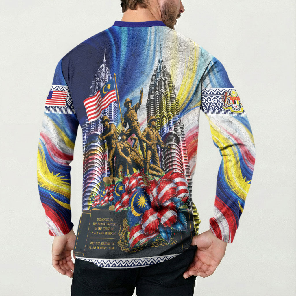 Malaysia Merdeka Independence Day Button Sweatshirt Patriotic Twin Towers Soldier National Flower Graphic