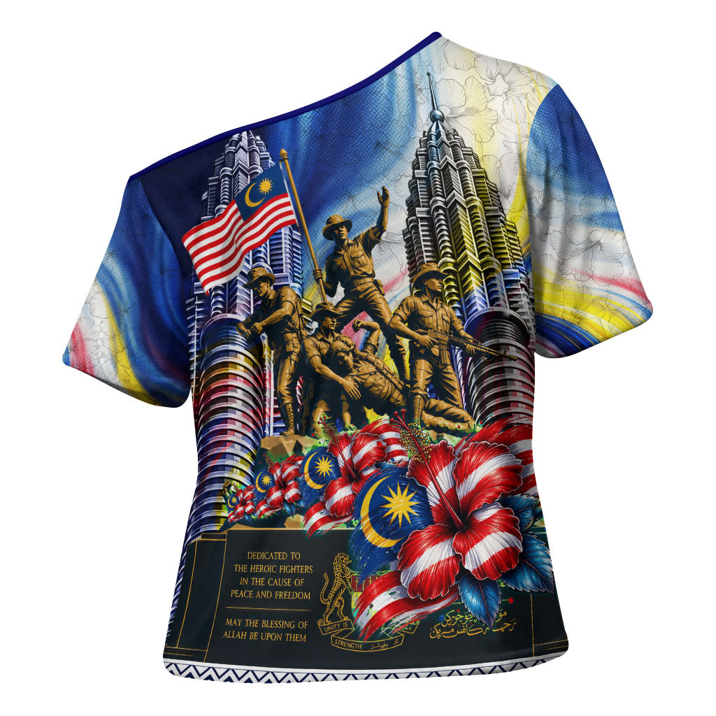Malaysia Merdeka Independence Day Cross Shoulder Shirt Patriotic Twin Towers Soldier National Flower Graphic
