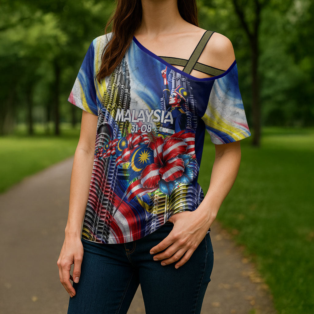 Malaysia Merdeka Independence Day Cross Shoulder Shirt Patriotic Twin Towers Soldier National Flower Graphic