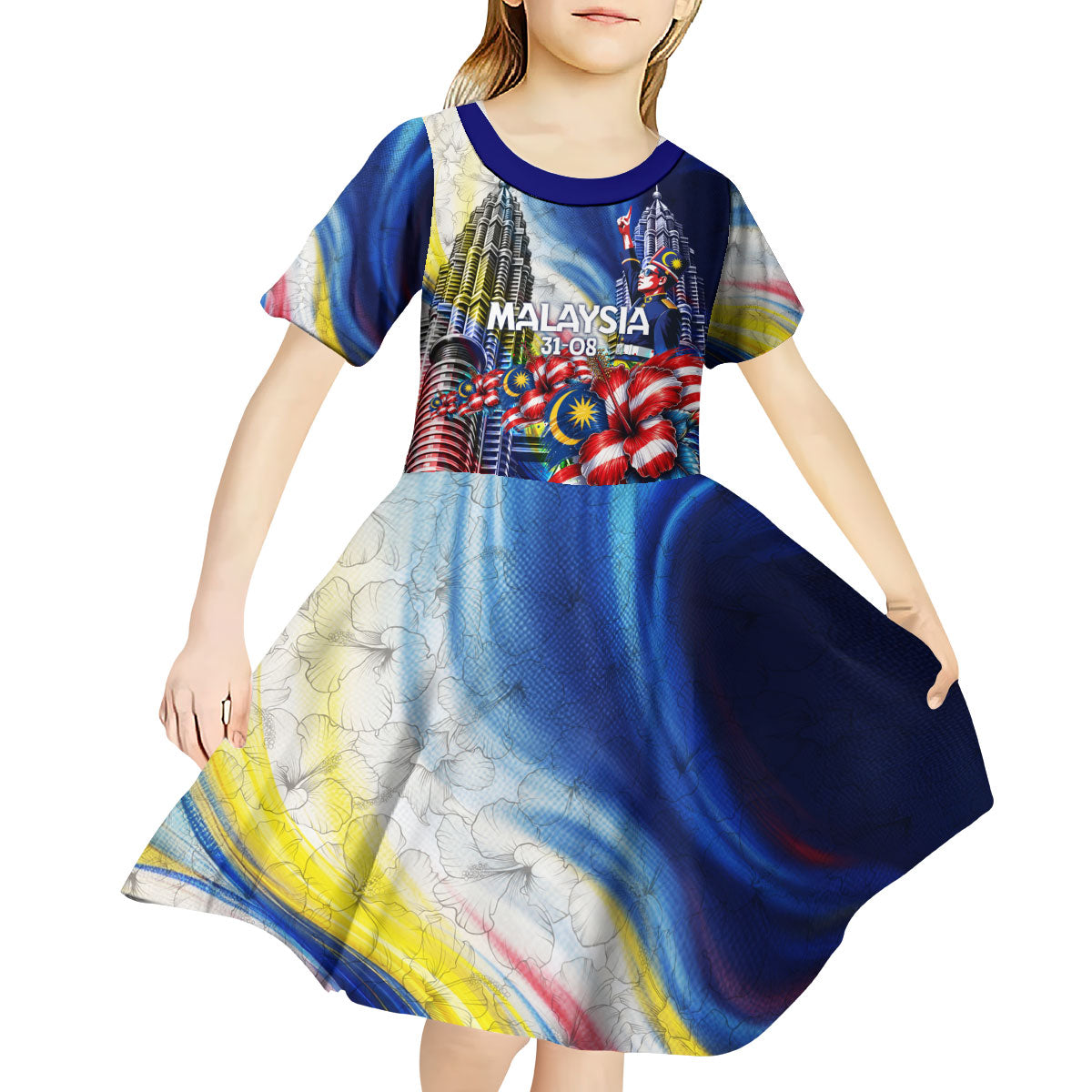 Malaysia Merdeka Independence Day Kid Short Sleeve Dress Patriotic Twin Towers Soldier National Flower Graphic