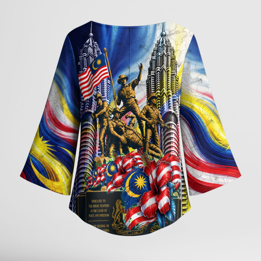 Malaysia Merdeka Independence Day Kimono Sleeve Blouse Patriotic Twin Towers Soldier National Flower Graphic