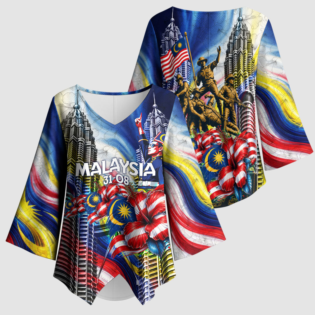 Malaysia Merdeka Independence Day Kimono Sleeve Blouse Patriotic Twin Towers Soldier National Flower Graphic