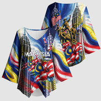 Malaysia Merdeka Independence Day Kimono Sleeve Blouse Patriotic Twin Towers Soldier National Flower Graphic