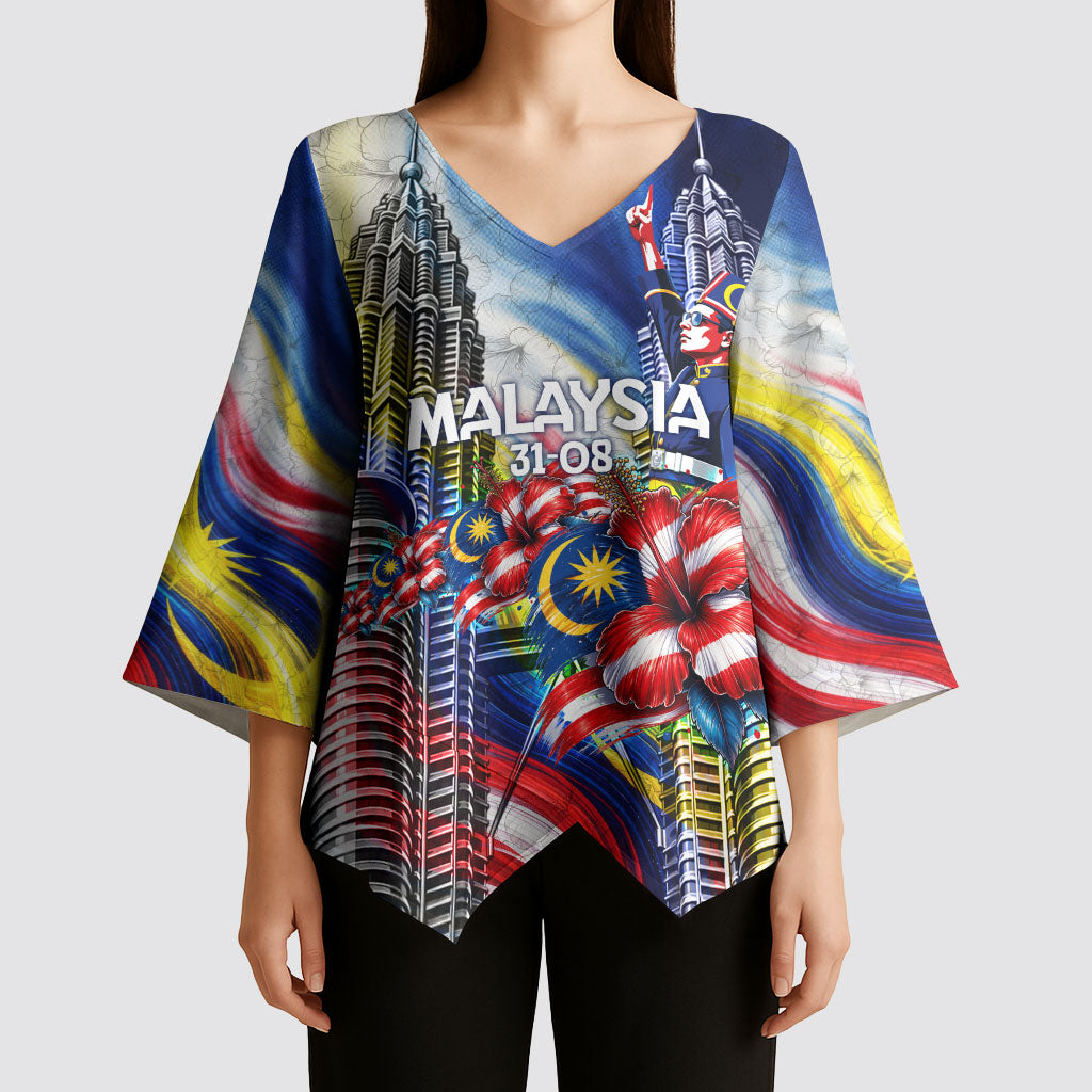 Malaysia Merdeka Independence Day Kimono Sleeve Blouse Patriotic Twin Towers Soldier National Flower Graphic