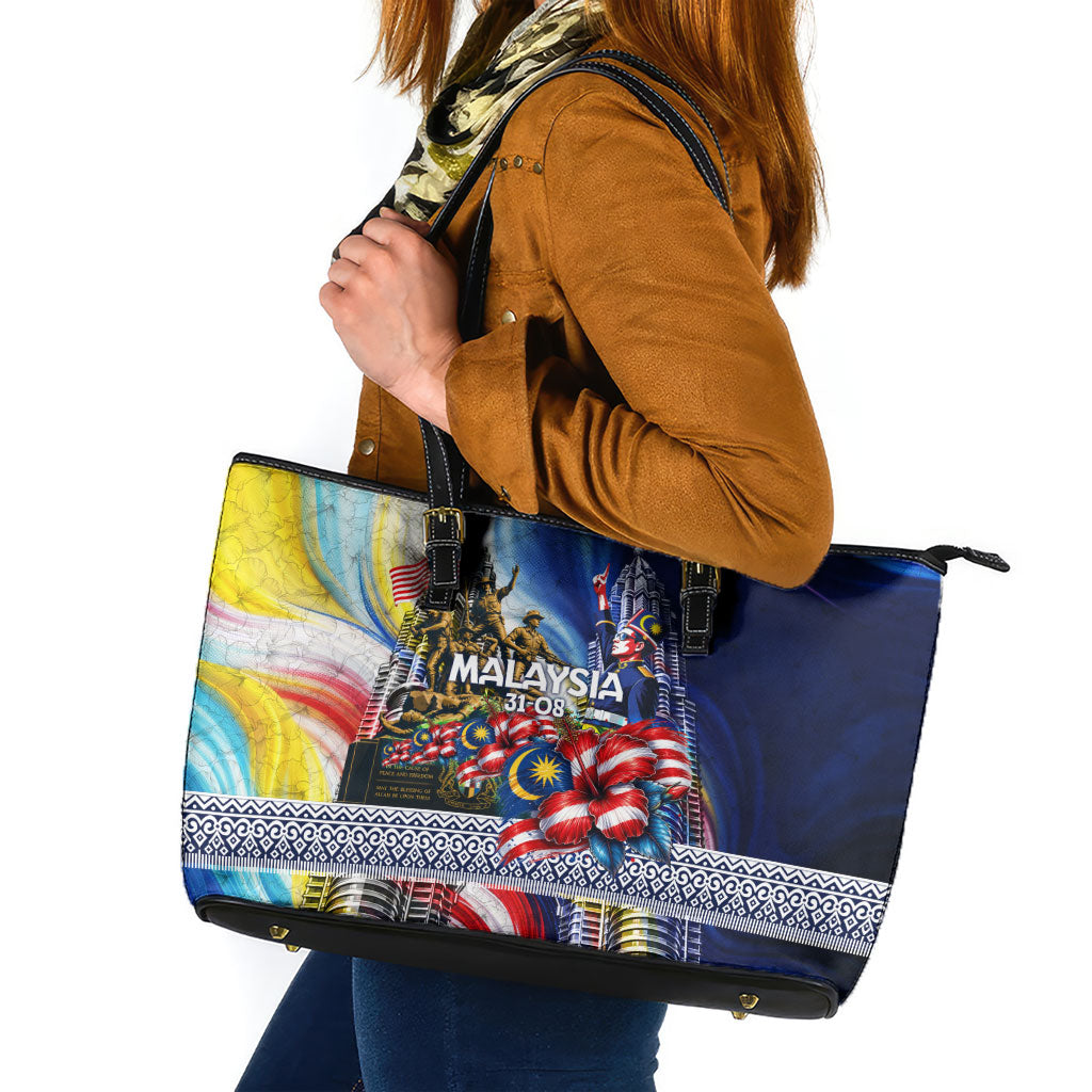 Malaysia Merdeka Independence Day Leather Tote Bag Patriotic Twin Towers Soldier National Flower Graphic