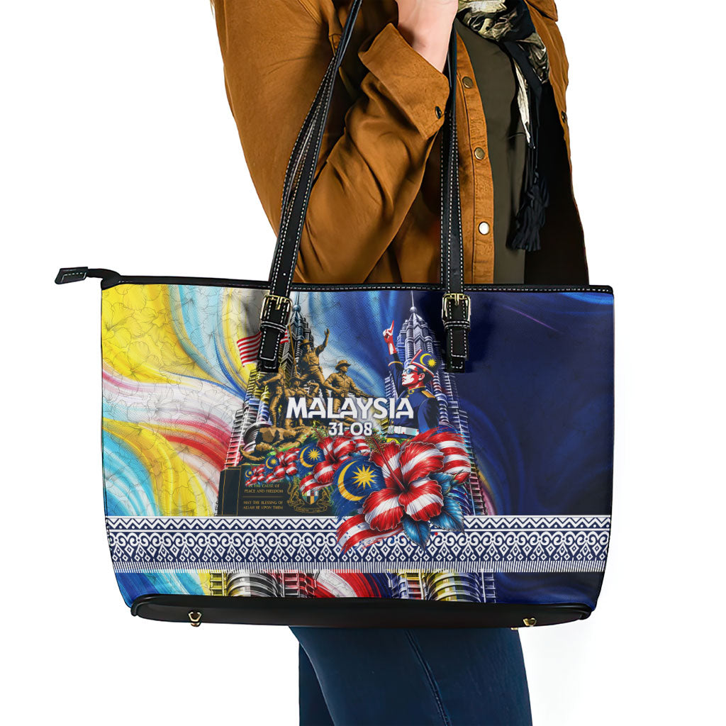 Malaysia Merdeka Independence Day Leather Tote Bag Patriotic Twin Towers Soldier National Flower Graphic