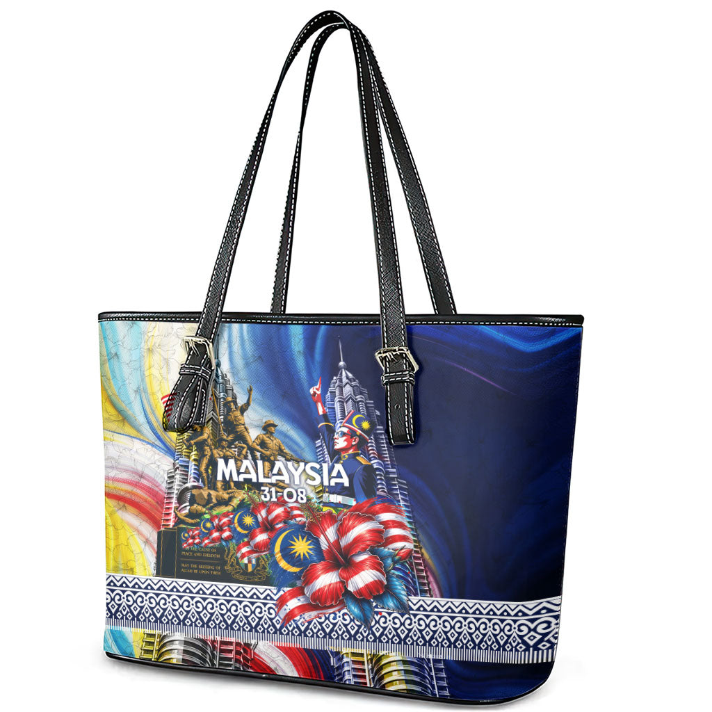 Malaysia Merdeka Independence Day Leather Tote Bag Patriotic Twin Towers Soldier National Flower Graphic