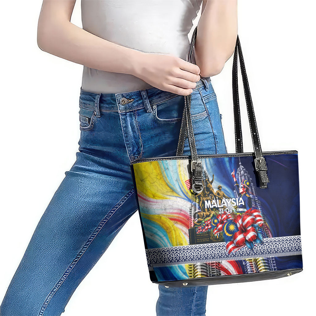 Malaysia Merdeka Independence Day Leather Tote Bag Patriotic Twin Towers Soldier National Flower Graphic