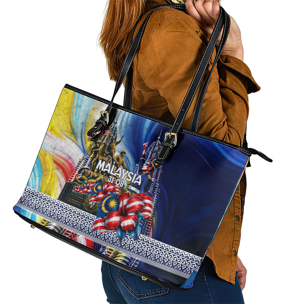 Malaysia Merdeka Independence Day Leather Tote Bag Patriotic Twin Towers Soldier National Flower Graphic