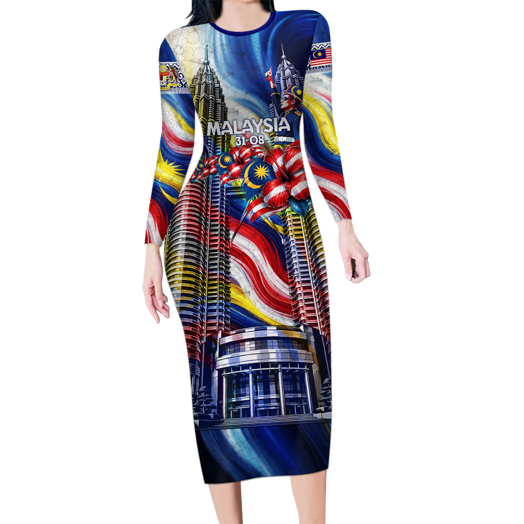 Malaysia Merdeka Independence Day Long Sleeve Bodycon Dress Patriotic Twin Towers Soldier National Flower Graphic