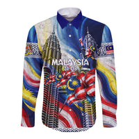 Malaysia Merdeka Independence Day Long Sleeve Button Shirt Patriotic Twin Towers Soldier National Flower Graphic