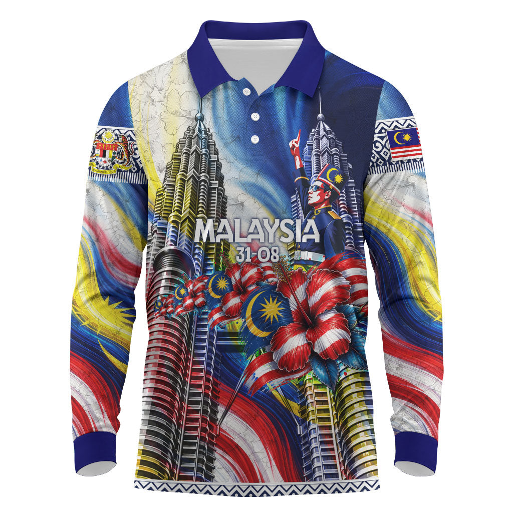 Malaysia Merdeka Independence Day Long Sleeve Polo Shirt Patriotic Twin Towers Soldier National Flower Graphic