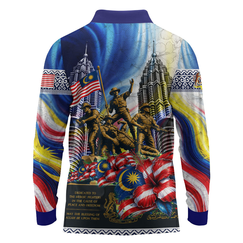 Malaysia Merdeka Independence Day Long Sleeve Polo Shirt Patriotic Twin Towers Soldier National Flower Graphic