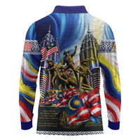 Malaysia Merdeka Independence Day Long Sleeve Polo Shirt Patriotic Twin Towers Soldier National Flower Graphic