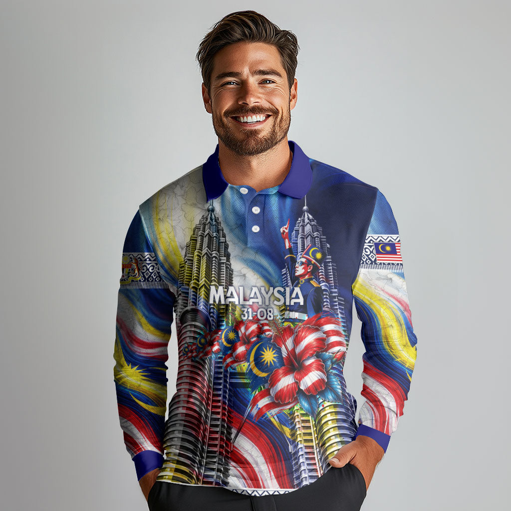 Malaysia Merdeka Independence Day Long Sleeve Polo Shirt Patriotic Twin Towers Soldier National Flower Graphic