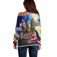 Malaysia Merdeka Independence Day Off Shoulder Sweater Patriotic Twin Towers Soldier National Flower Graphic