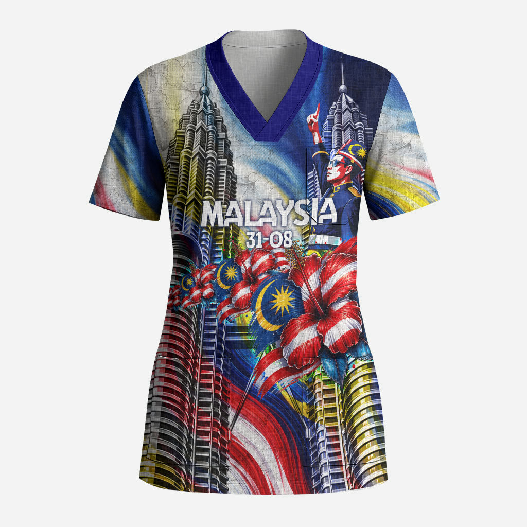 Malaysia Merdeka Independence Day Scrub Top Patriotic Twin Towers Soldier National Flower Graphic